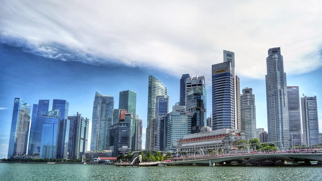 singapore, singapore river, skyline, building, water, financial district, skyscraper, architecture, urban, offices, business, bank, city, reflection, tower, blue sky, people, tourism, blue business, blue office, blue city, blue building, blue river, nature, blue bank, blue company